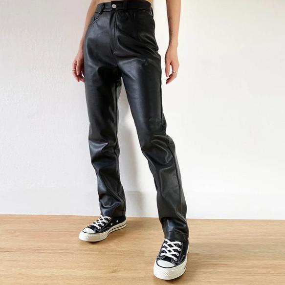 Snygga Byxor Dam Högskurna Syntetiskt Läder-1