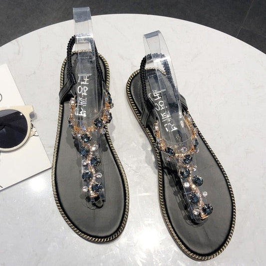 Dam Sandaler T-strap PU med Rhinestones och Platt Sula-1