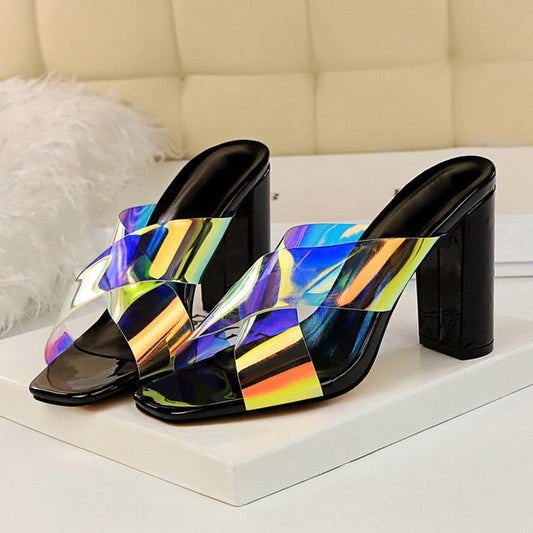 Dam Peep Toe Slipper Hologram Fyrkantig Klack PU-gummi-1