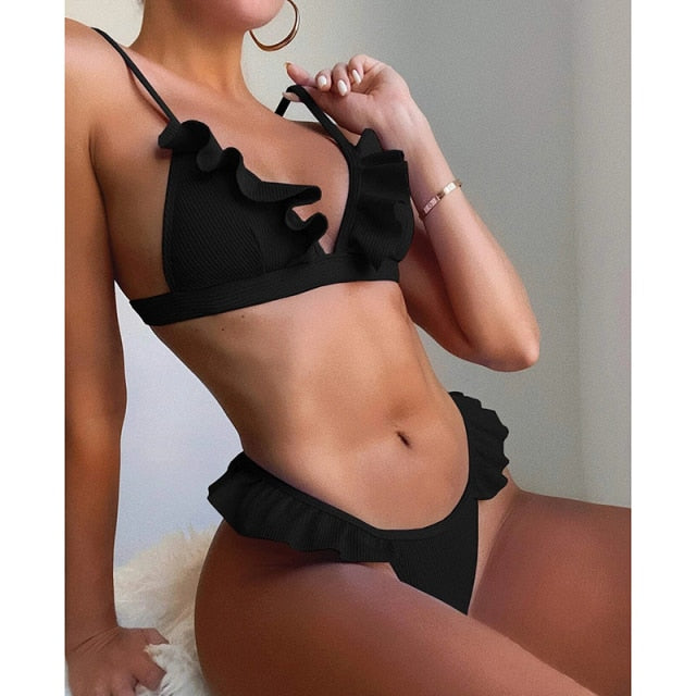 Tvådelad Baddräkt Dam med Justerbara Remmar och Rüschendtails - Polyester och Spandex för Strand och Pool 6