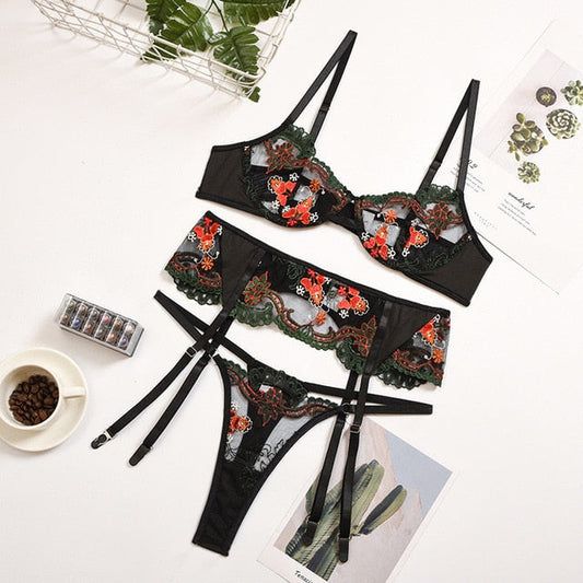 Damunderkläder Set med Blommönster, 3/4 Cup och Justerbara Axelband – Snygga Underkläder Dam i Polyester och Spandex 1