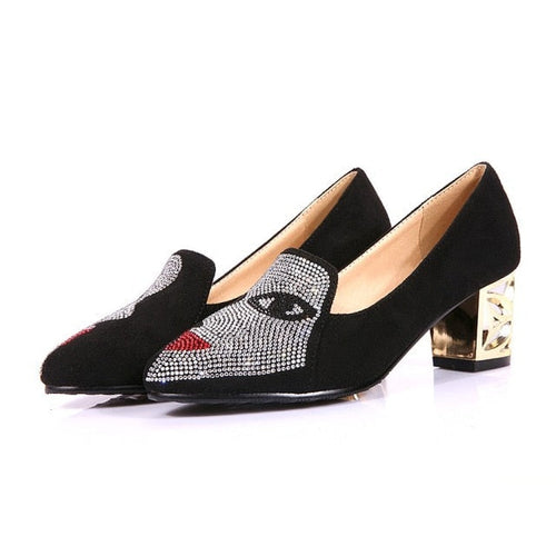 Dam Pumpskor Mary Jane Flock med Blockklack och Rhinestones-1