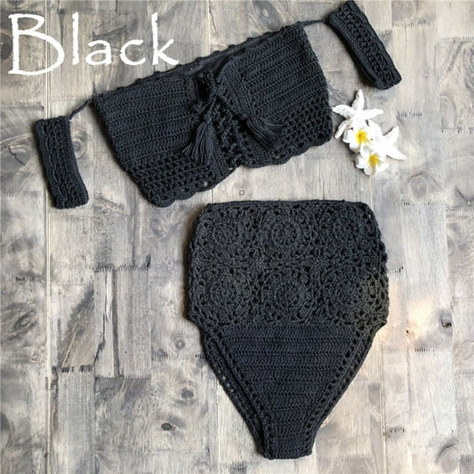 Dam Bikini Hög Midja Blommönstrad Virkad 100% Bomull-1
