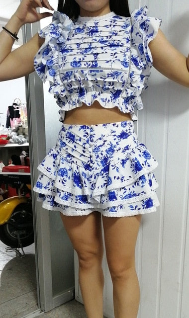 Dam Kort Set Veckad Topp Polyester Blommönster Shorts-4