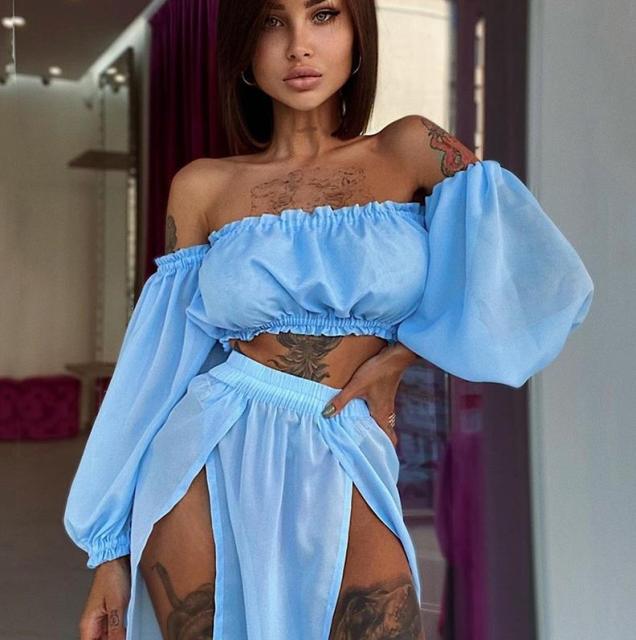 Damkläder Off-Shoulder Crop Top och Lång Kjol Set Polyester för Sommar 9