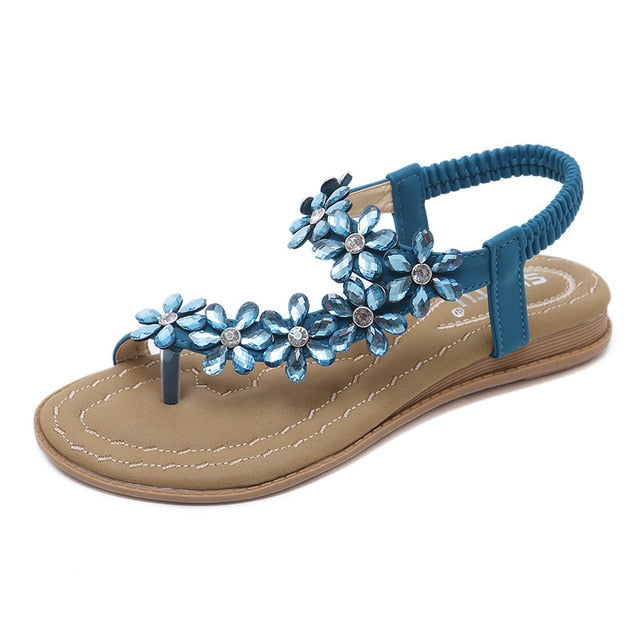 Sandaler Dam T-Band i PU-Läder med Blommor och Strass – Öppen Sula för Komfort och Stil 9