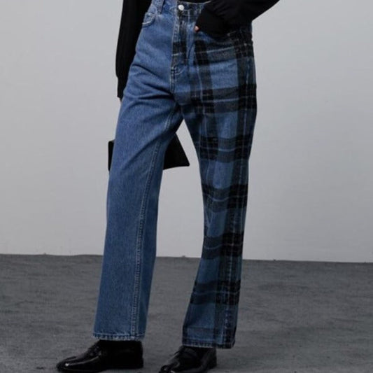 Dam Jeans med Hög Midja Raka i Polyester med Rutig Struktur-1
