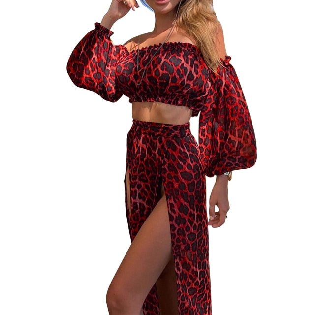 Damkläder Off-Shoulder Crop Top och Lång Kjol Set Polyester för Sommar 21