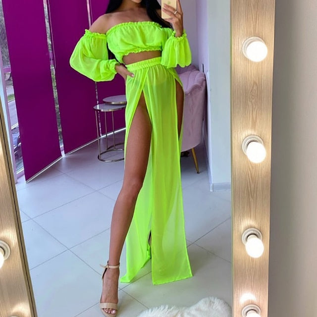 Damkläder Off-Shoulder Crop Top och Lång Kjol Set Polyester för Sommar 18