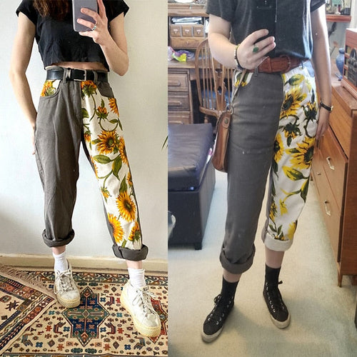 Damjeans Hög Midja Raka Blommönstrad Bomull och Polyester-1