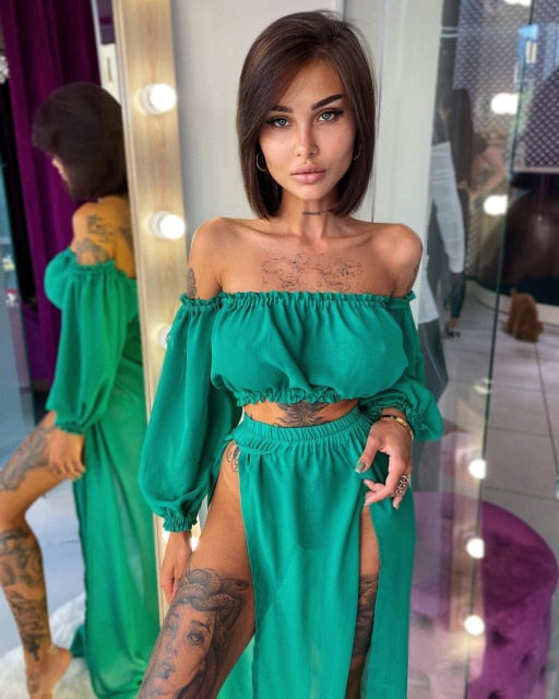 Damkläder Off-Shoulder Crop Top och Lång Kjol Set Polyester för Sommar 12