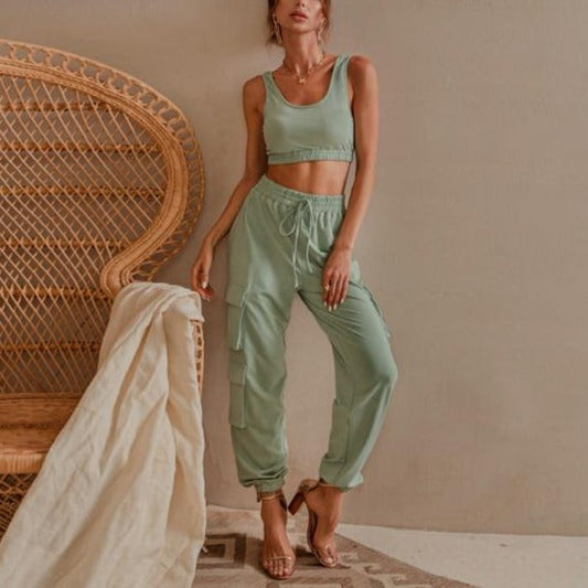 Damset Kort Topp Elastiska Byxor Bomull Polyester-1