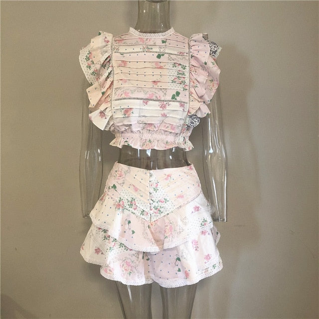 Variant image for Dam Kort Set Veckad Topp Polyester Blommönster Shorts-5