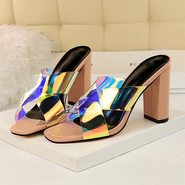 Variant image for Dam Peep Toe Slipper Hologram Fyrkantig Klack PU-gummi-6