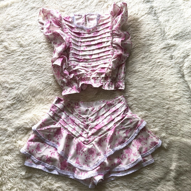 Dam Kort Set Veckad Topp Polyester Blommönster Shorts-5