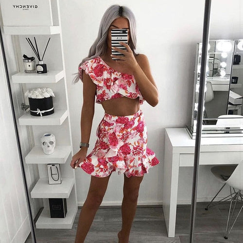 Dam Blommig Uppsättning Kortärmad Polyester-1