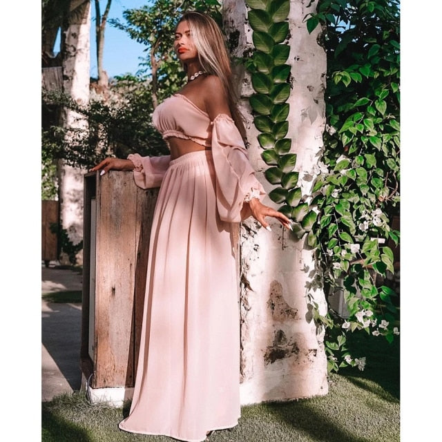 Damkläder Off-Shoulder Crop Top och Lång Kjol Set Polyester för Sommar 14