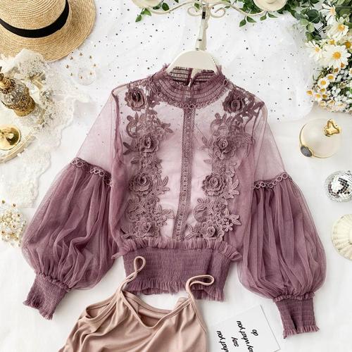 Dam Blus Transparent med Blomdetaljer och Lanternärmar Polyester 11