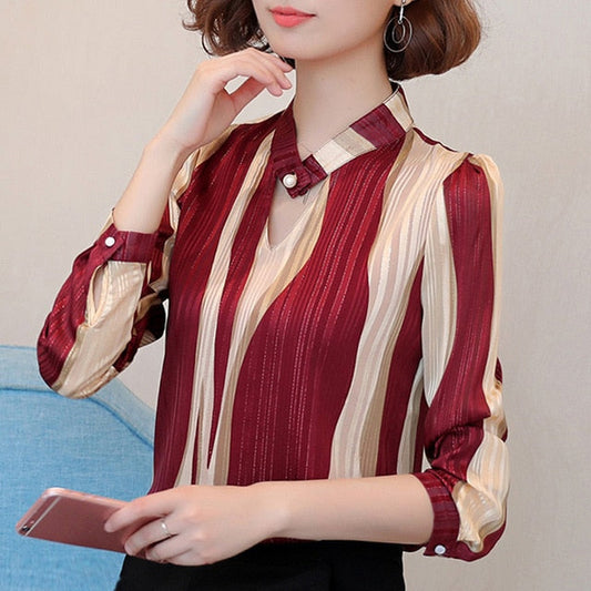 Dam Blus V-ringad Randig Chiffon-1
