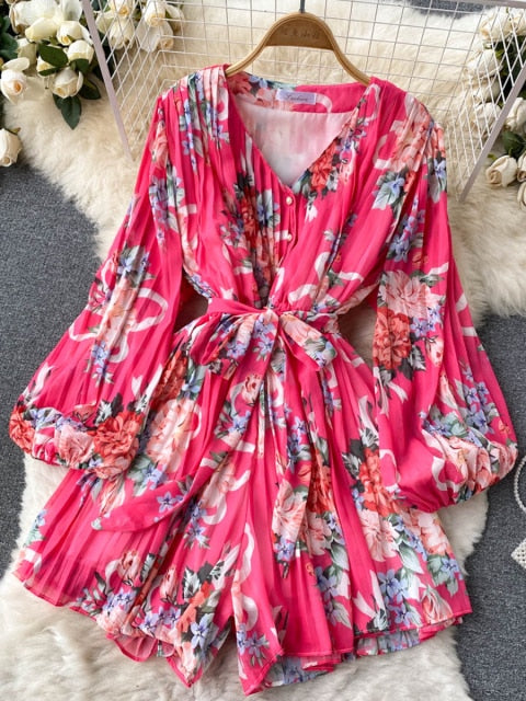 Blommig Dam Overall med Långärmad V-Ringning i Mjuk Polyester – Hög Midja och Lös Passform 11