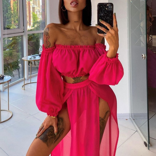 Damkläder Off-Shoulder Crop Top och Lång Kjol Set Polyester för Sommar 20