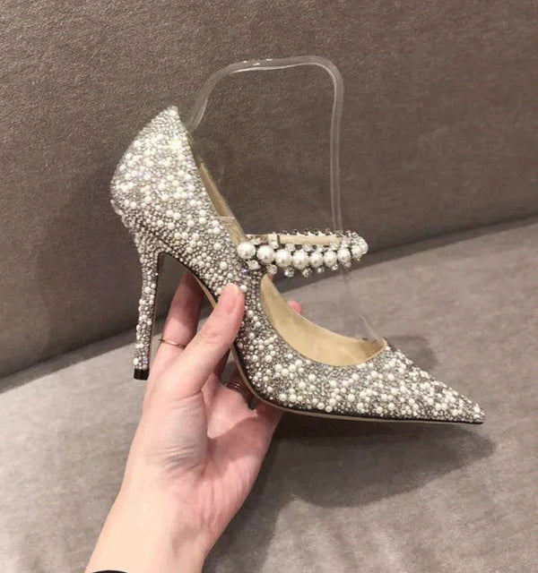 Dam Pumps Spetsig Tå Flock med Pärldetaljer-6