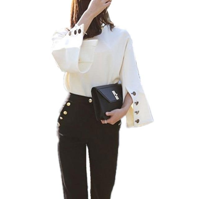 Dam Blus O-Hals Klockärmar Bomull-1