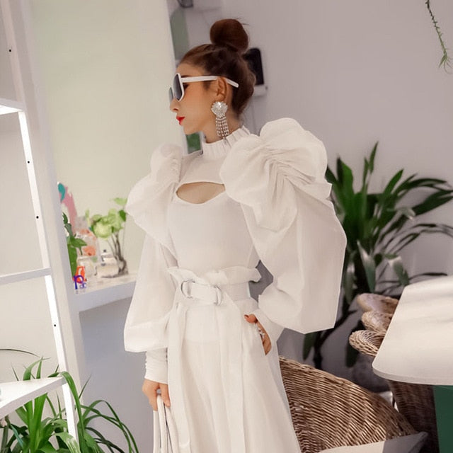 Dam Blus Puffärmar Stativkrage Bomull Polyester 9