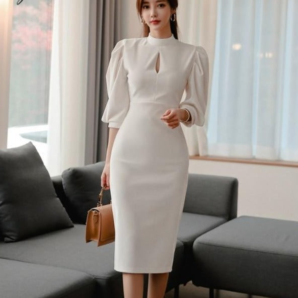 Kvinna Midi Klänning Puffärmar Ståkrage Mikrofiber-1