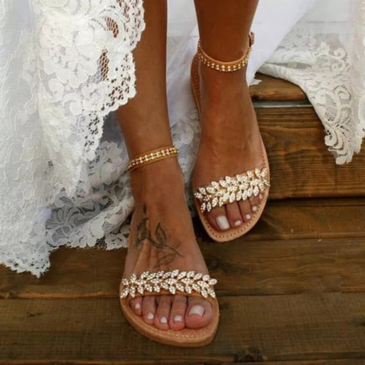 Dam Sandaler Platta PU-lÀder med Blommor och Strass-1