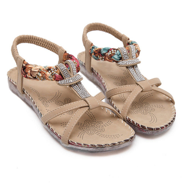 Boho Sandaler Dam T-strap med Strassdetaljer – PU-läder, Platta, Öppen Tå, Elastiska Band 9