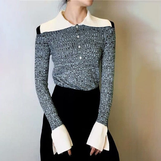 Dam Blus Geometrisk Stil Klockhylsor Bomullsblandning-1