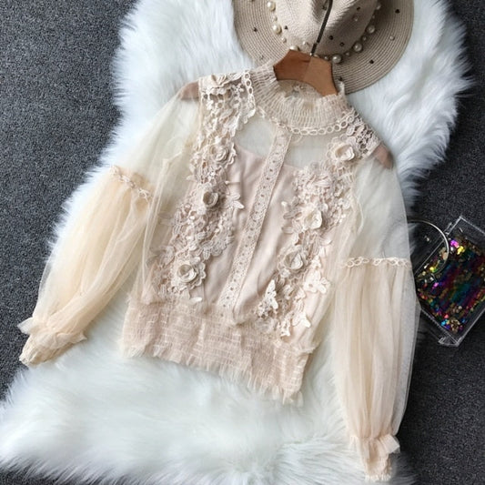 Dam Blus Transparent med Blomdetaljer och LanternÀrmar Polyester 1