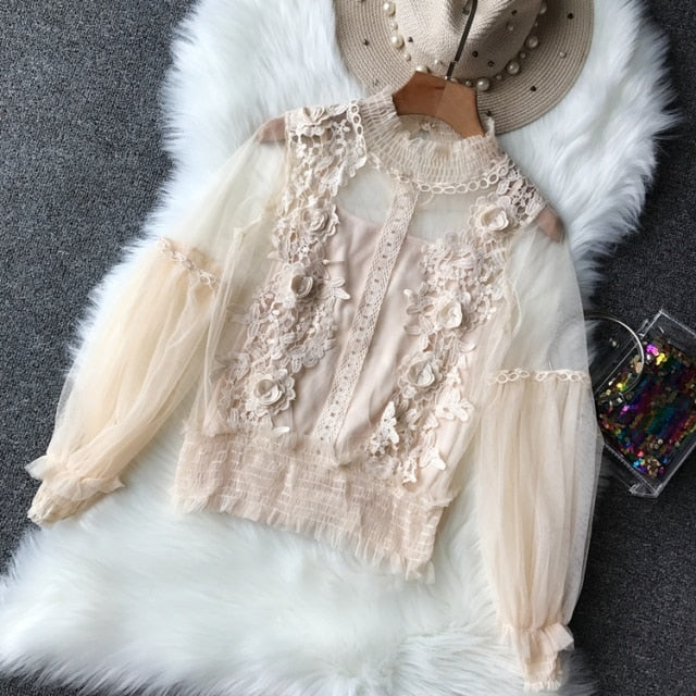 Dam Blus Transparent med Blomdetaljer och Lanternärmar Polyester 7