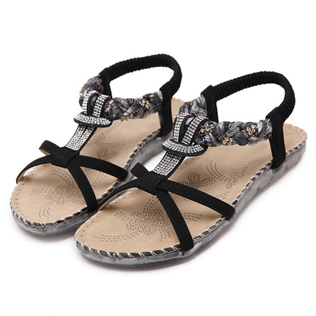 Boho Sandaler Dam T-strap med Strassdetaljer – PU-läder, Platta, Öppen Tå, Elastiska Band 10