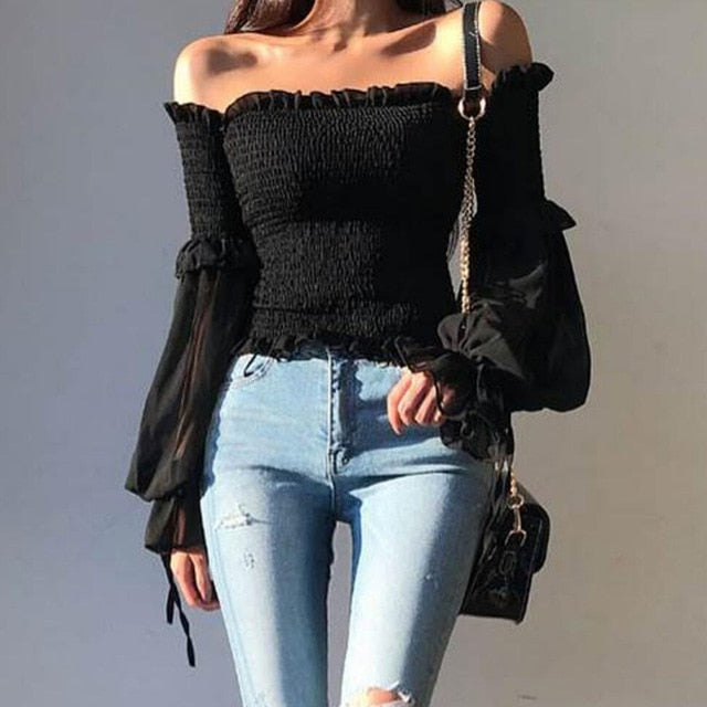 Variant image for Dam Off-Shoulder Crop Top med Lanternärmar i Polyester för Festtoppar-1