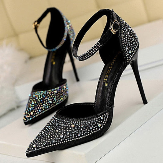Dam Sandaler Stiletto med Rhinstenar och Ankelrem i Cyzhole och Gummi-1