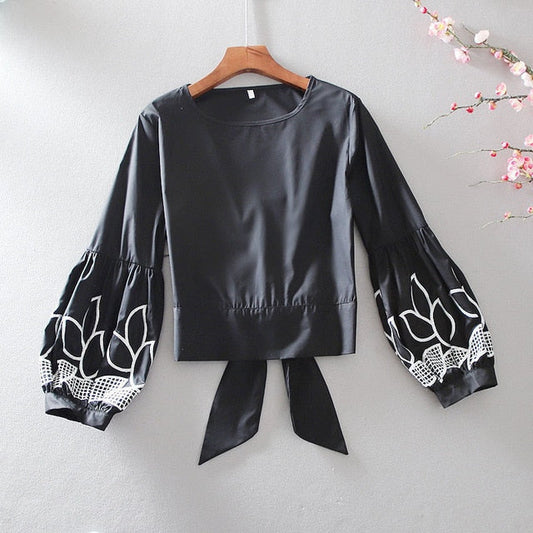 Dam Blus Kort Polyester med Blommotiv och Ballonghylsor-1