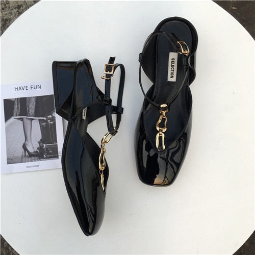 Dam Sandaler T-strap Ăkta LĂ€der LĂ„g Klack-1