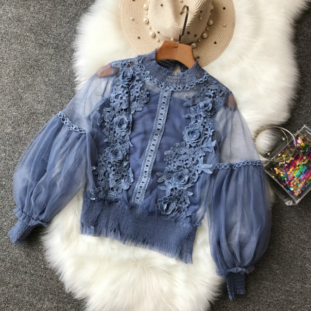Dam Blus Transparent med Blomdetaljer och Lanternärmar Polyester 5
