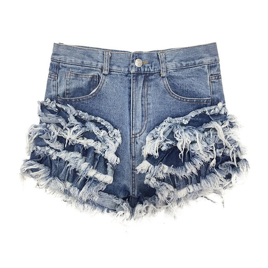Dam Jeansshorts med Ruffles och Trasiga Detaljer i Denim-1