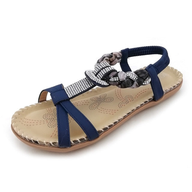 Boho Sandaler Dam T-strap med Strassdetaljer – PU-läder, Platta, Öppen Tå, Elastiska Band 11