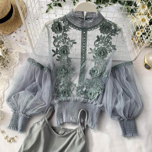 Dam Blus Transparent med Blomdetaljer och Lanternärmar Polyester 6