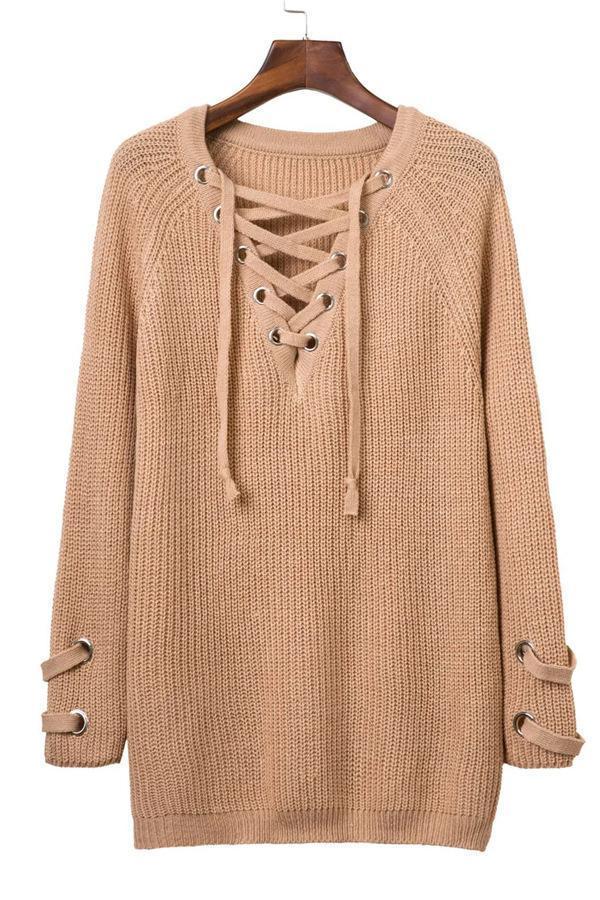 Dam Lång Tröja V-Hals Bandage Design Mjuk Material 6