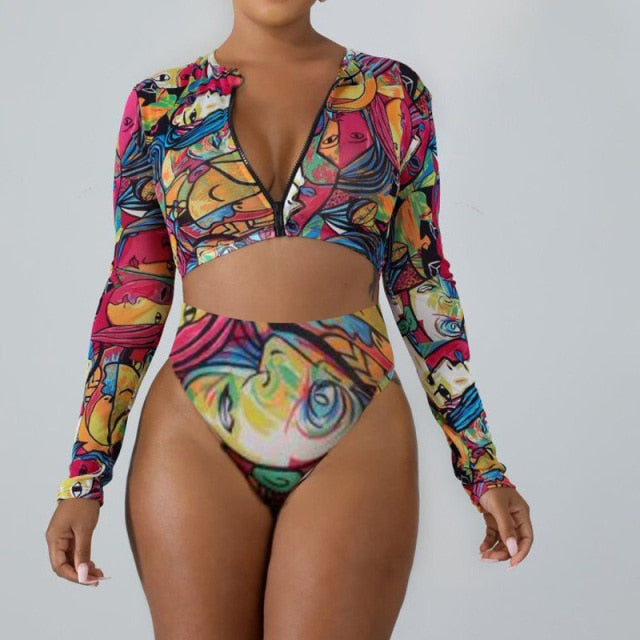 Variant image for Dam Bikini Set Retro Långärmad Polyester Spandex Hög Midja-21