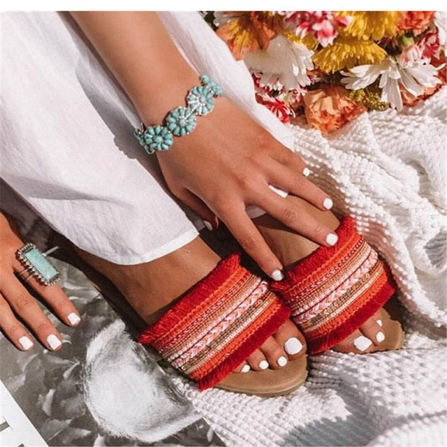 Variant image for Dam Sandaler Etnisk Stil PU Gummi Platta Sula med Fransdetaljer-2