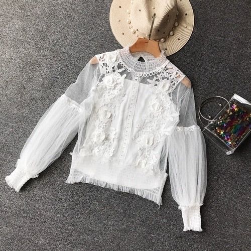 Dam Blus Transparent med Blomdetaljer och Lanternärmar Polyester 13
