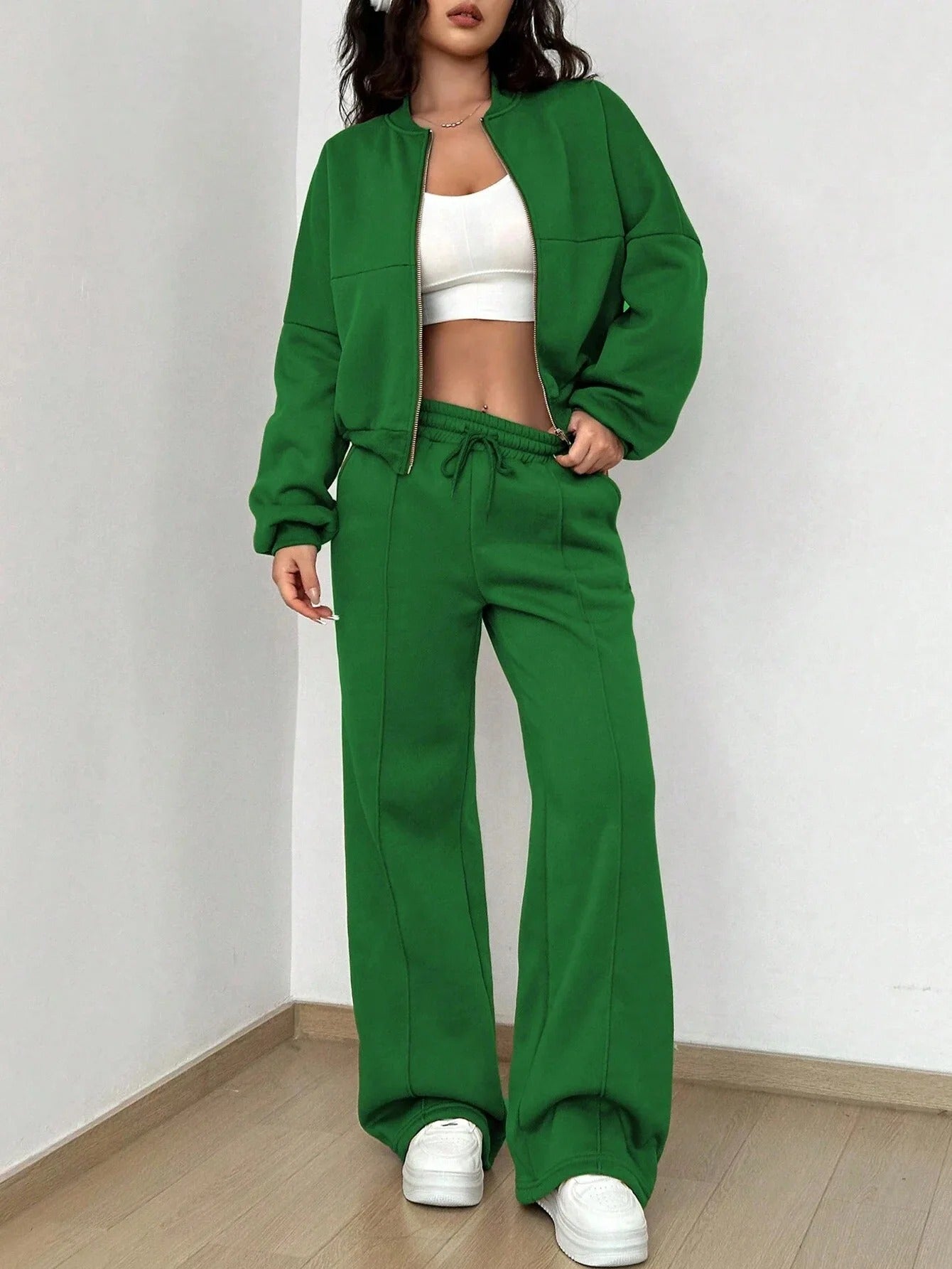 Dam Matchande Set Bomberjacka och Byxor Streetwear Mjukt Material-4