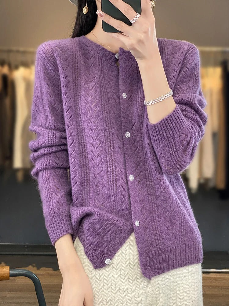 Lång Ajour Ullkofta Dam med Knappstängning - Elegant Cardigan för Vardags och Fest 4
