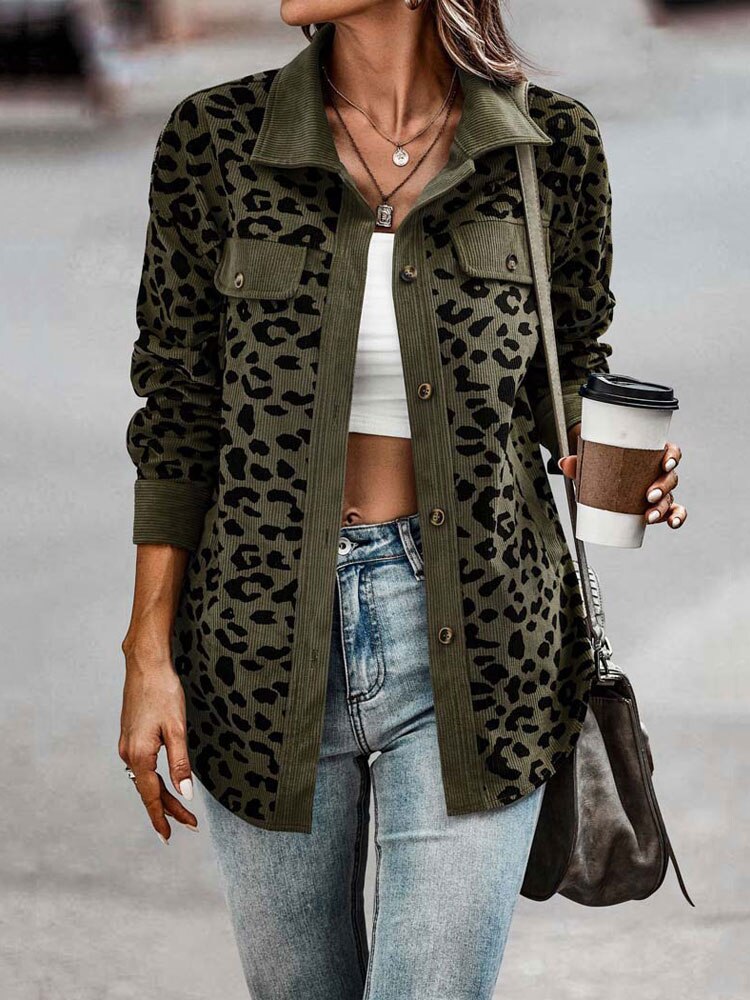 Damjacka Leopardmönster Trendig Polyester Jacka för Dam 13